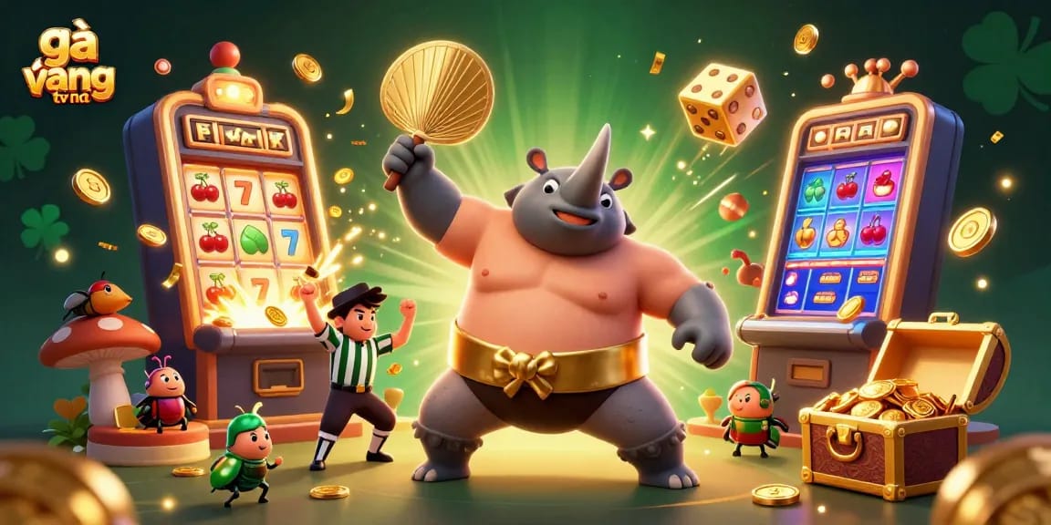 Experience thrilling wins at gà vàng tv with a powerful beetle champion amidst slot riches and celebrations.