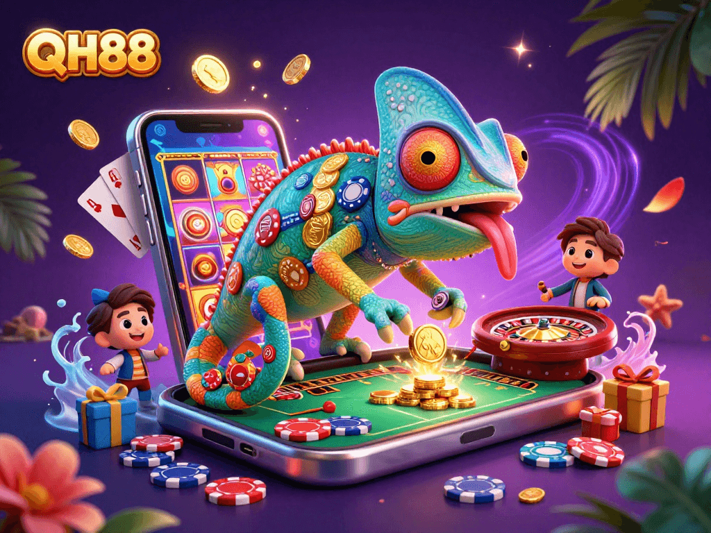 Engage with QH88's vibrant casino illustration featuring an animated chameleon and dynamic gaming elements.