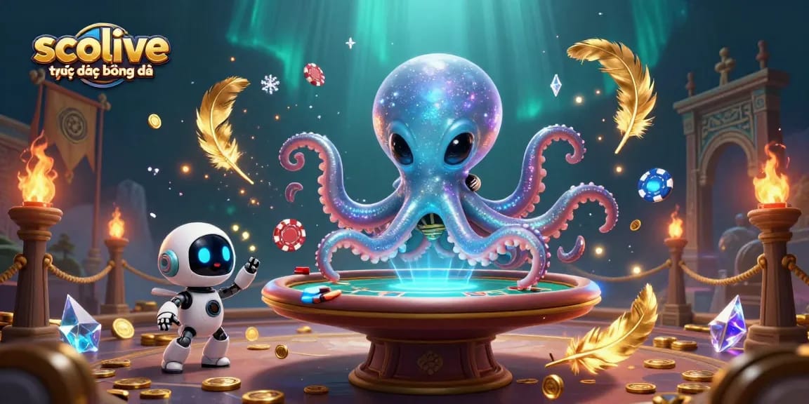 Socolive trực tiếp bóng đá showcases an alien octopus dealing poker with futuristic elements amidst rich cosmic scenery.