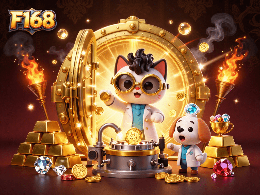 Experience F168's thrilling atmosphere with a cartoon scientist and his dog amidst gold and riches.