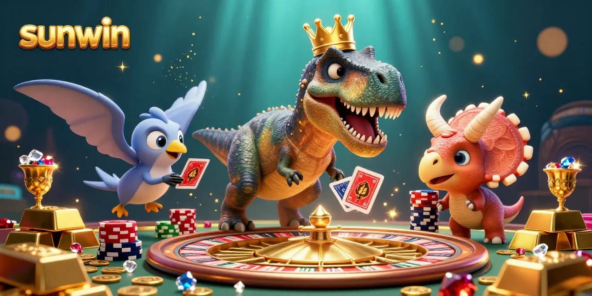 Engage in exciting gambling with sunwin's vibrant 3D casino characters and elements, showcasing lively poker action.