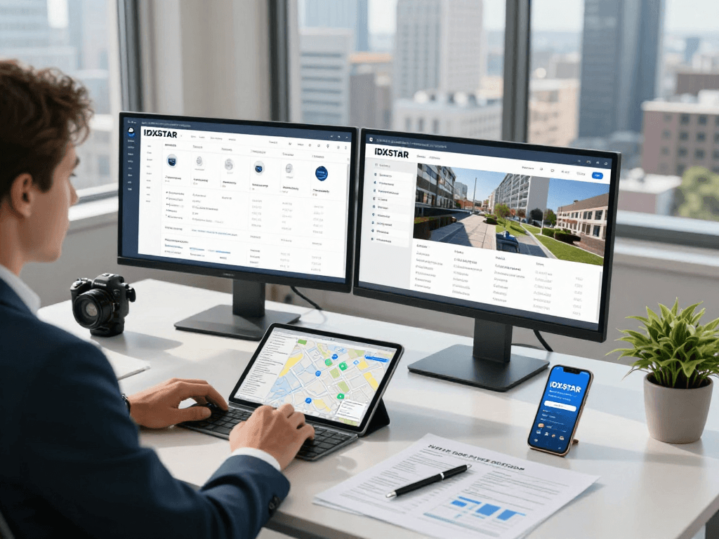 Modern real estate workspace showcasing IDXSTAR property listings and analytics on multiple screens