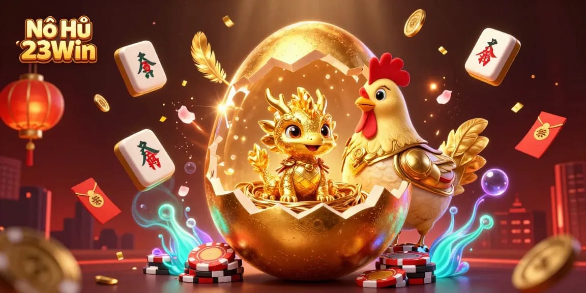 Nổ Hũ 23Win reveals golden treasures as a cartoon dragon guards poker chips layered with luck.