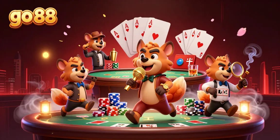 Engage in thrilling gaming at go 88's comedy casino with cartoon hyenas and vibrant poker elements.