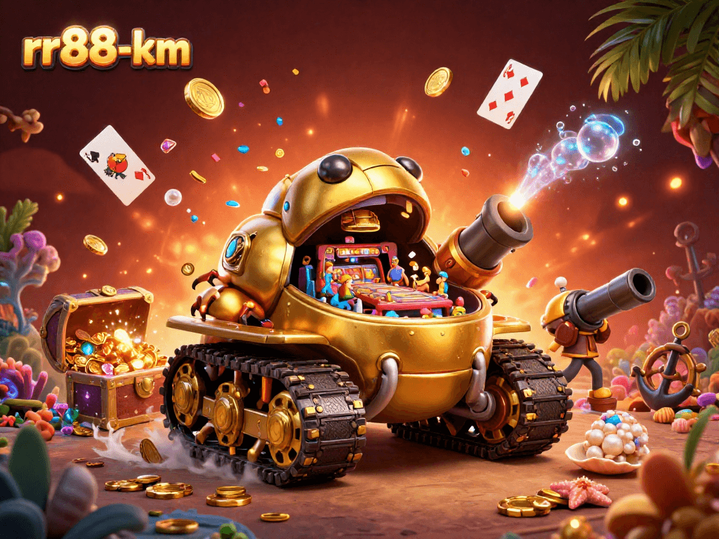 Experience the excitement of rr88-km with a dynamic 3D casino scene filled with vibrant action.