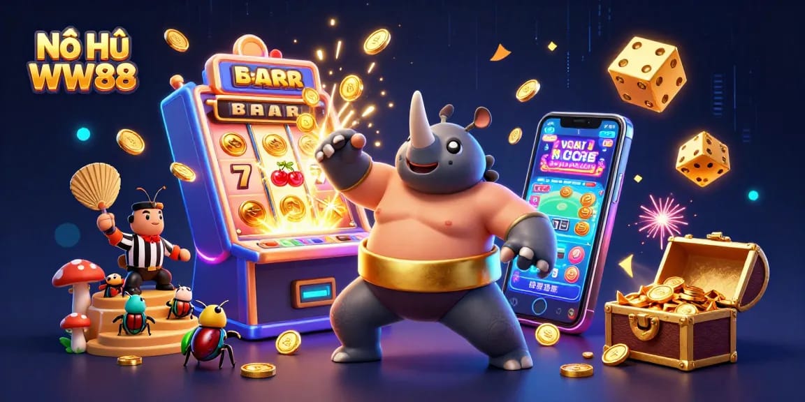 Experience the excitement of Nổ Hũ WW88 with thrilling animated scenes of jackpots, slot games, and vibrant casino action.