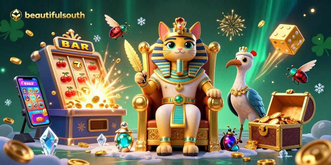 Beautifulsouth showcases a vibrant 3D casino scene filled with dynamic slot elements and festive decorations.