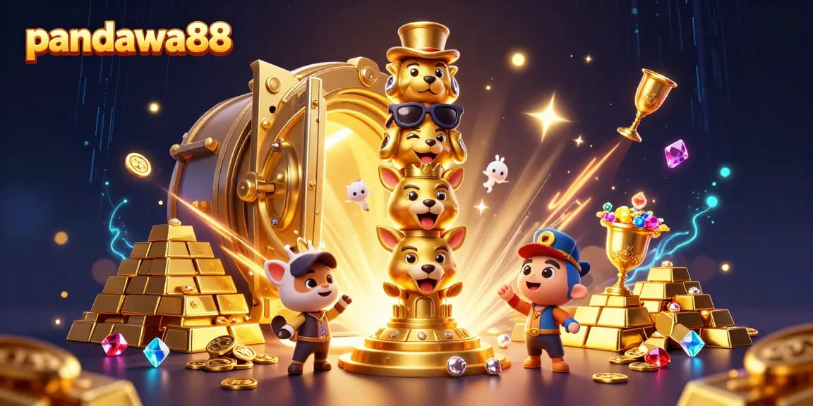 PANDAWA88 showcases a vibrant 3D scene featuring a golden totem pole adorned with casino accessories amidst piles of treasures, emphasizing fun and excitement in online gaming.