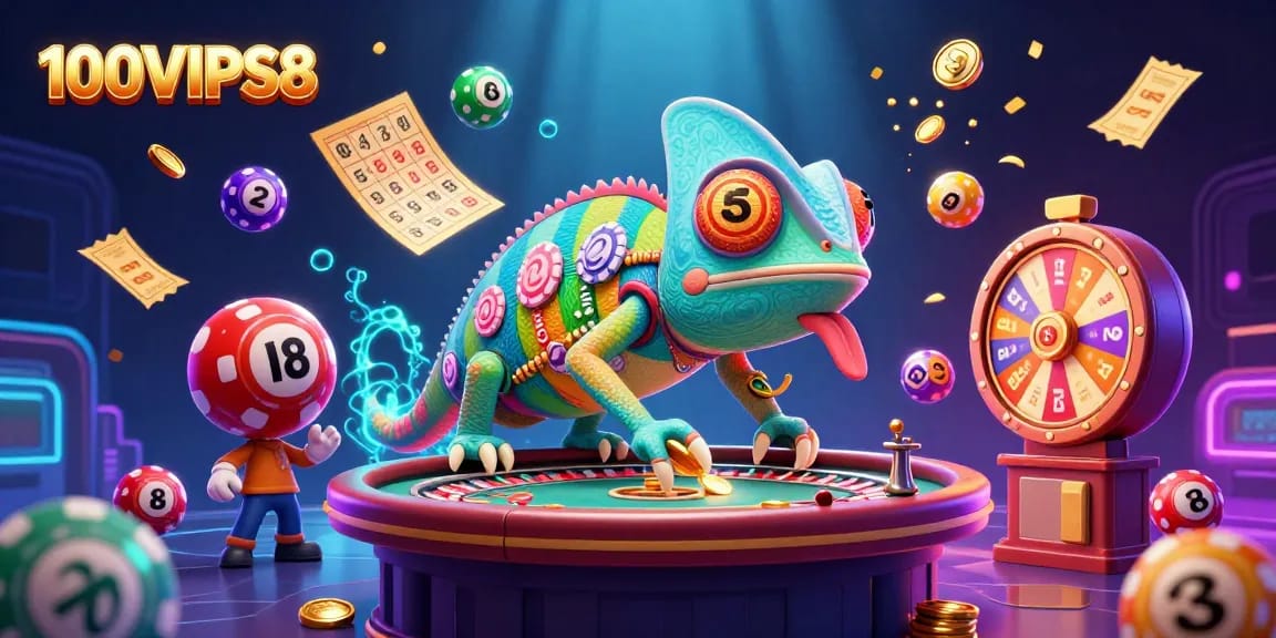 Engage with thrilling action at 100VIPS8, featuring a vibrant chameleon casino owner amidst exploding lottery balls.