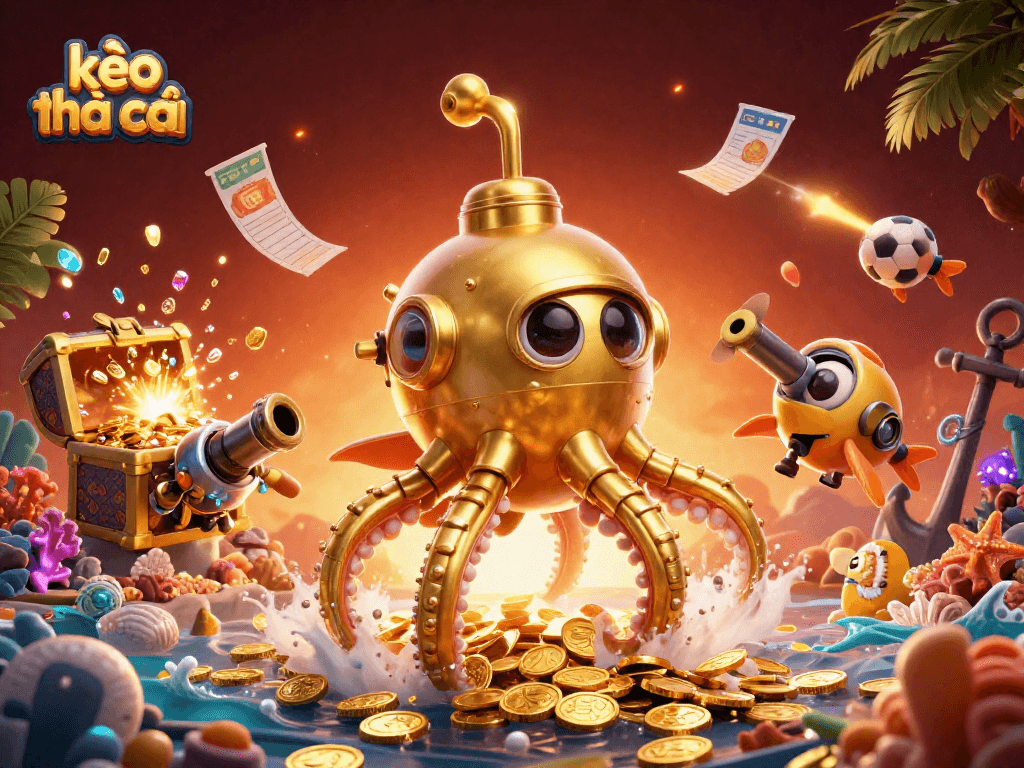 Engage in kèo nhà cái sports betting with a vibrant 3D scene of golden kraken and treasure.
