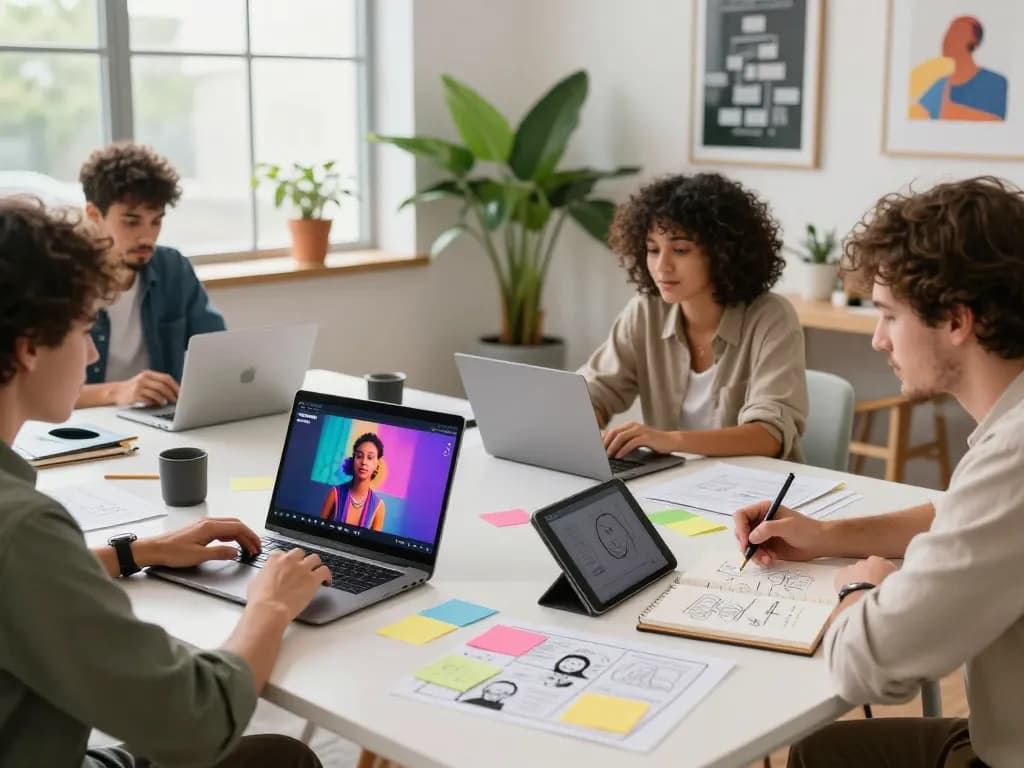 Creators using Seedance AI to collaborate on video content in a bright, modern workspace.