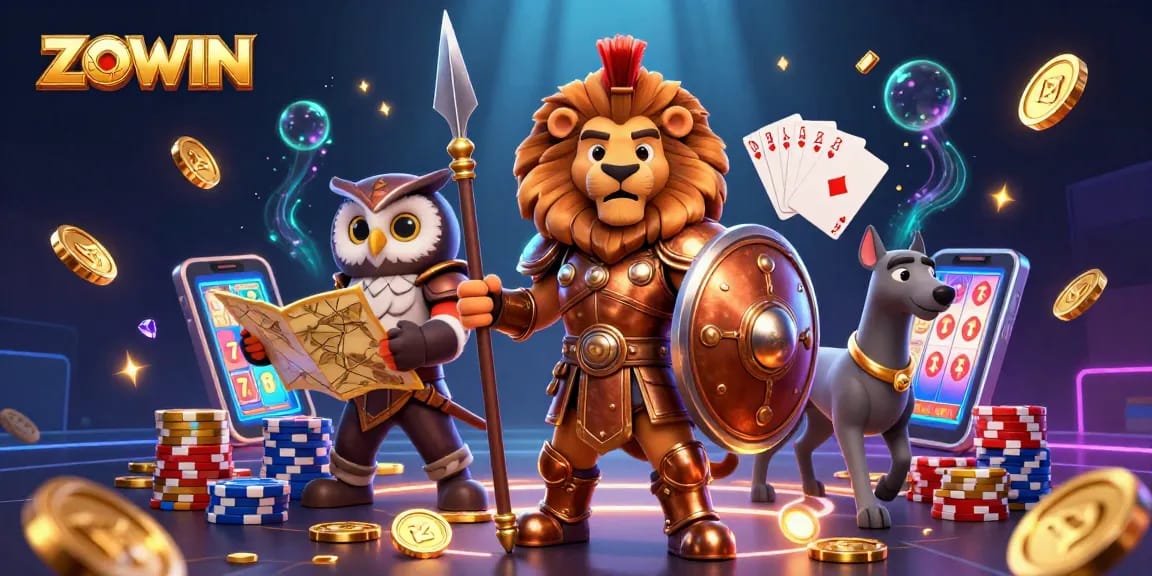 ZOWIN showcases a vibrant 3D illustration featuring a heroic Spartan lion, tactical owl, and swift greyhound amidst casino elements.