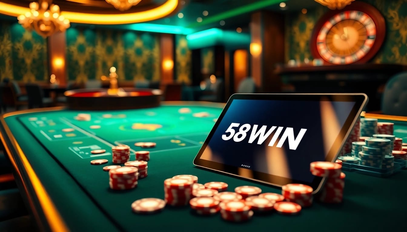Players engaging in high-stakes poker at the 58WIN casino, illustrating excitement and strategy.