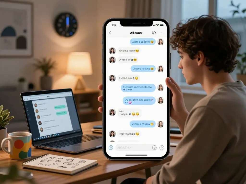 Engaging ai porn chat session on a cozy mobile interface with playful dialogue and emojis, reflecting modern adult interaction.