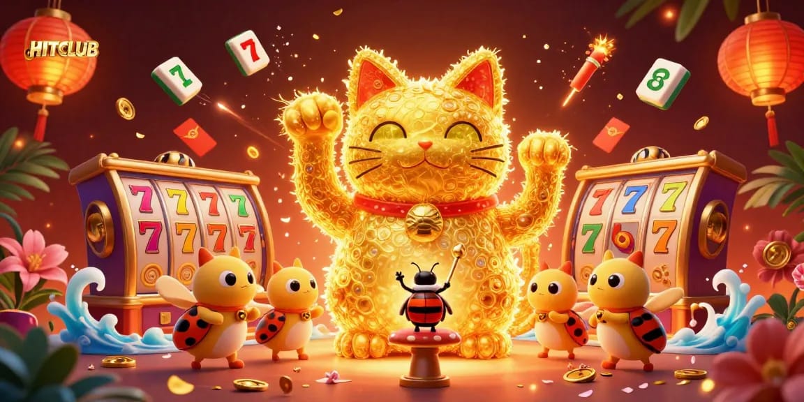 Engage with HITCLUB's vibrant casino world featuring a lucky cat and dynamic gaming symbols.