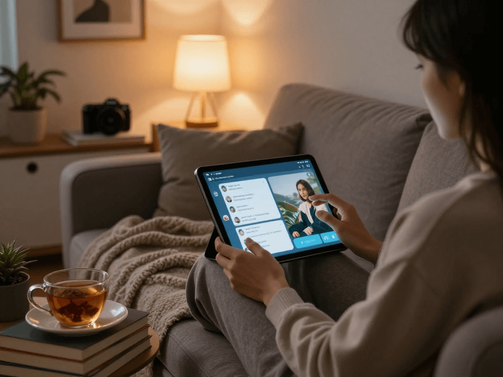 Engaging with AI chat porn on a tablet in a cozy living room.