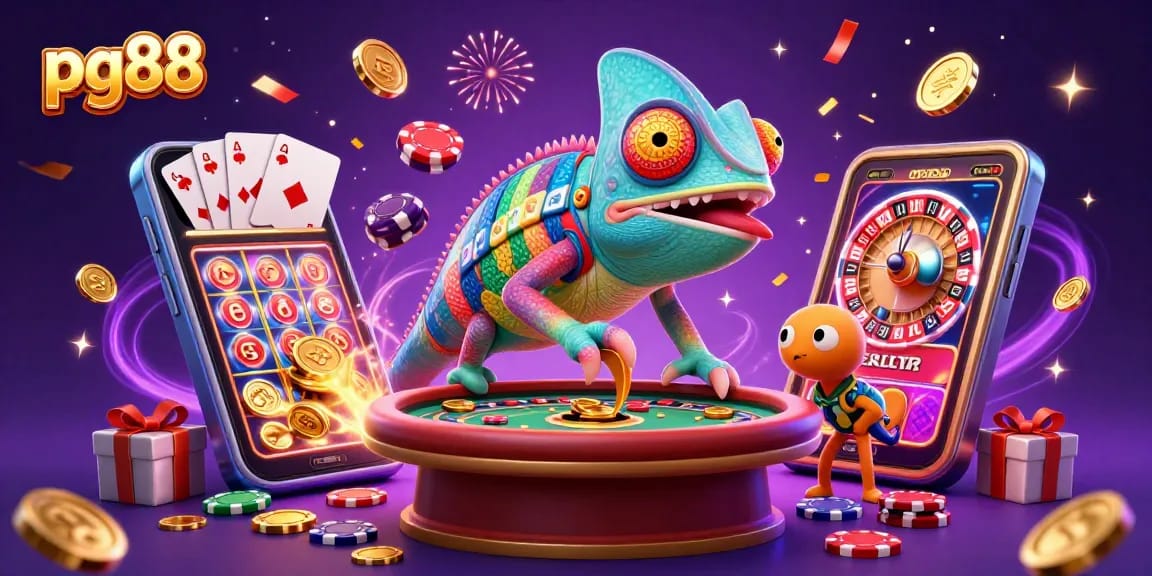 Engage with pg88's vibrant casino world featuring a colorful cartoon chameleon and dynamic gaming elements.