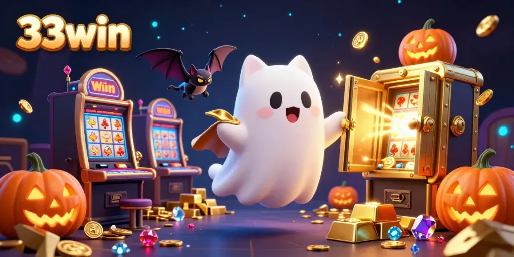 Experience the thrill of 33win with a ghost cat and bat in a vibrant casino scene filled with treasures.