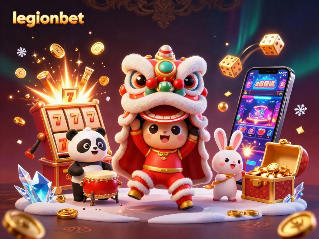 Experience excitement with legionbet's vibrant casino atmosphere featuring dynamic game symbols and festive characters.