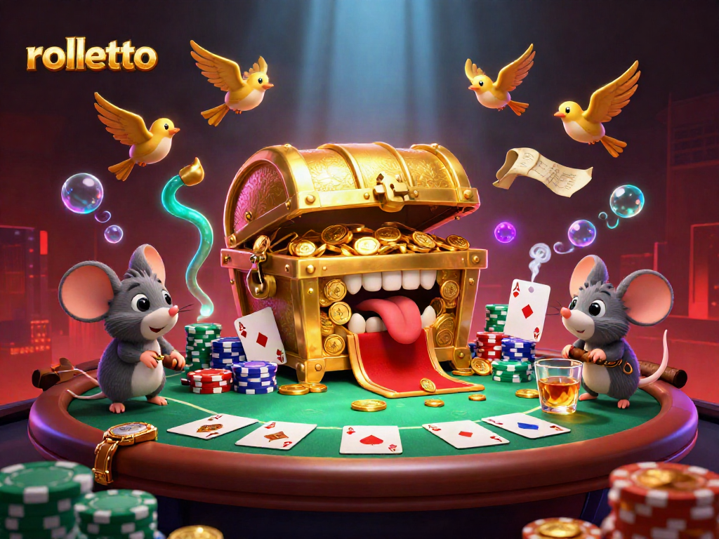 Experience rolletto's vibrant casino scene with a treasure chest luring players in for big wins.
