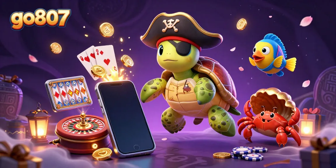 Experience the thrill of gaming at go807 with a vibrant scene featuring a pirate turtle, treasure, and slot machines.