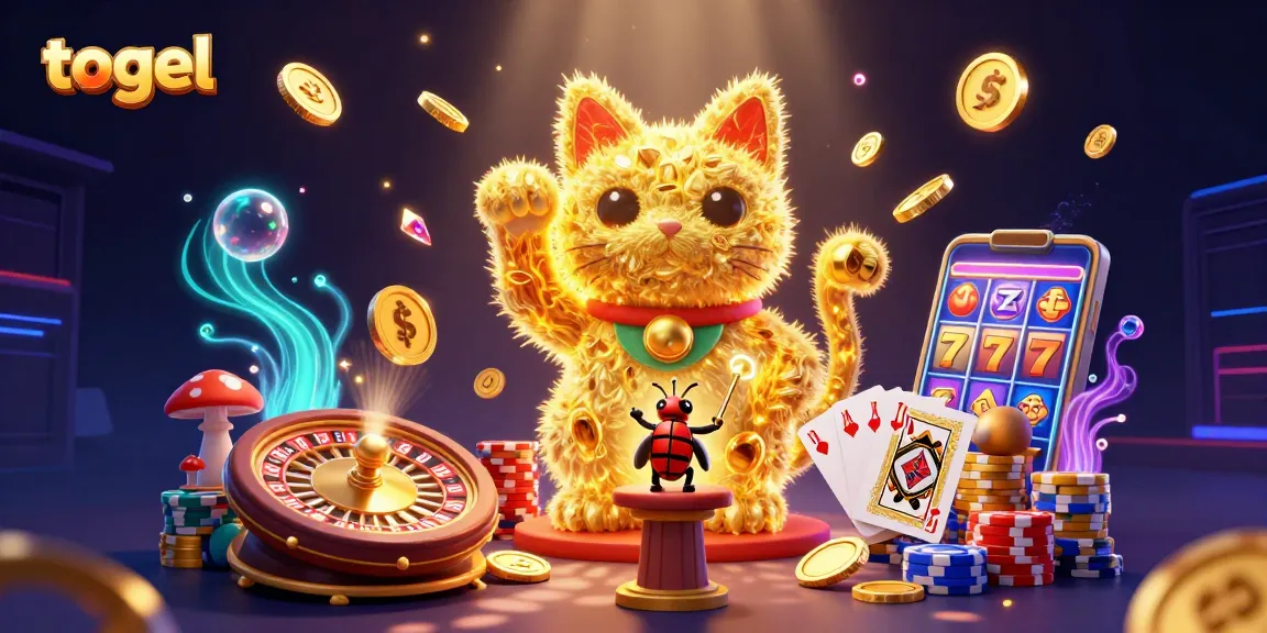 Engage in togel gaming with a vibrant scene showcasing a lucky cat and dynamic casino elements.
