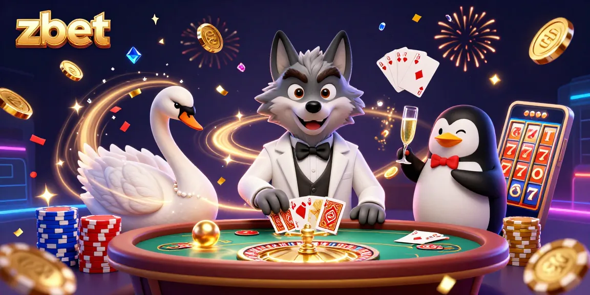 Zbet showcases a dazzling casino scene with a debonair wolf, swan dealer, and penguin sommelier in action.