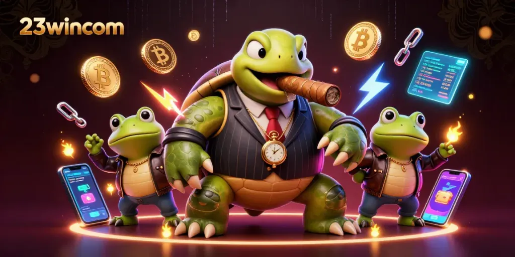 Play casino games with 23wincom featuring a cartoon turtle mobster and vibrant 3D crypto elements.