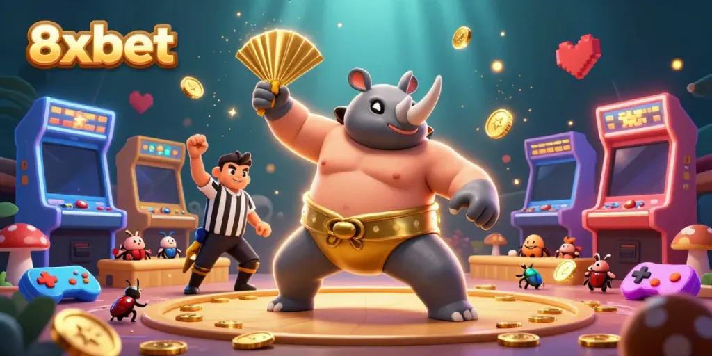 Experience 8xbet excitement with a beetle champion winning in a dynamic casino scene.