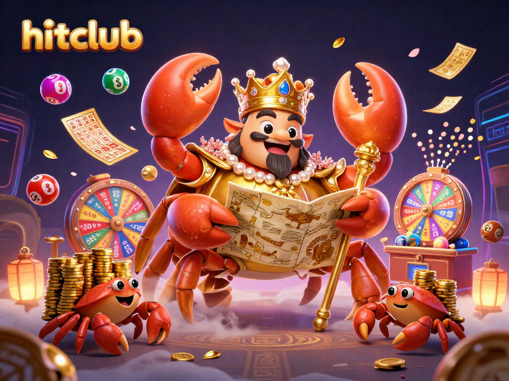 Hitclub's vibrant lottery scene featuring a golden crab emperor, colorful balls, and lively game elements.