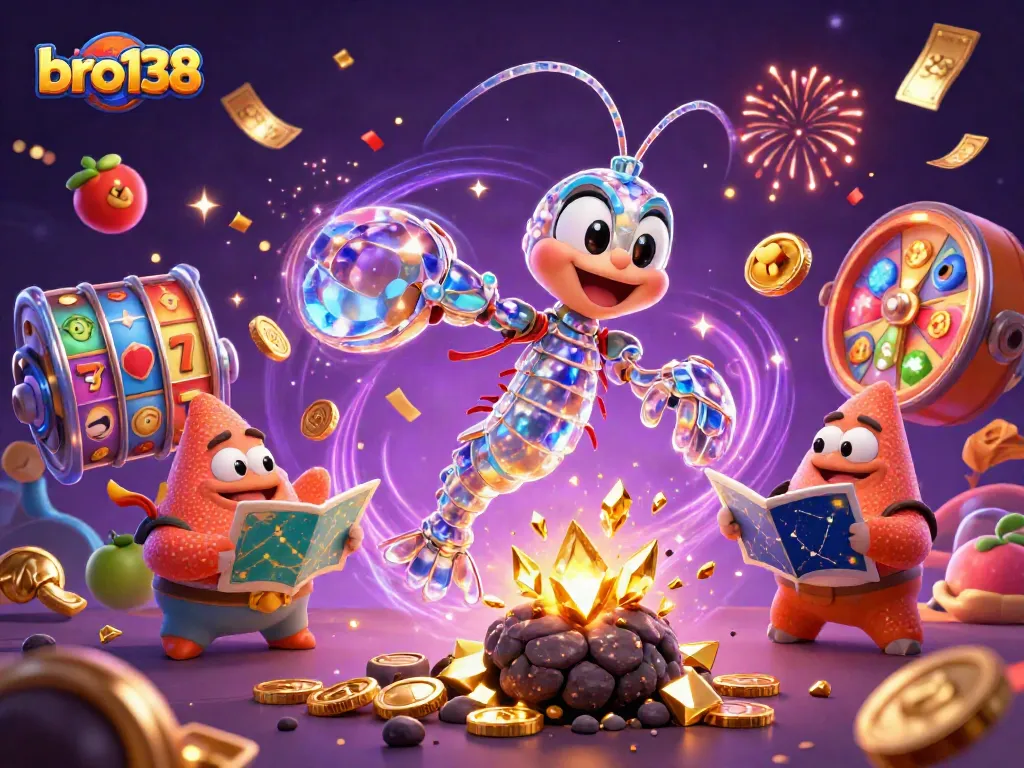 Play thrilling slots at bro138 with a vibrant 3D illustration full of jackpots and colorful reels.