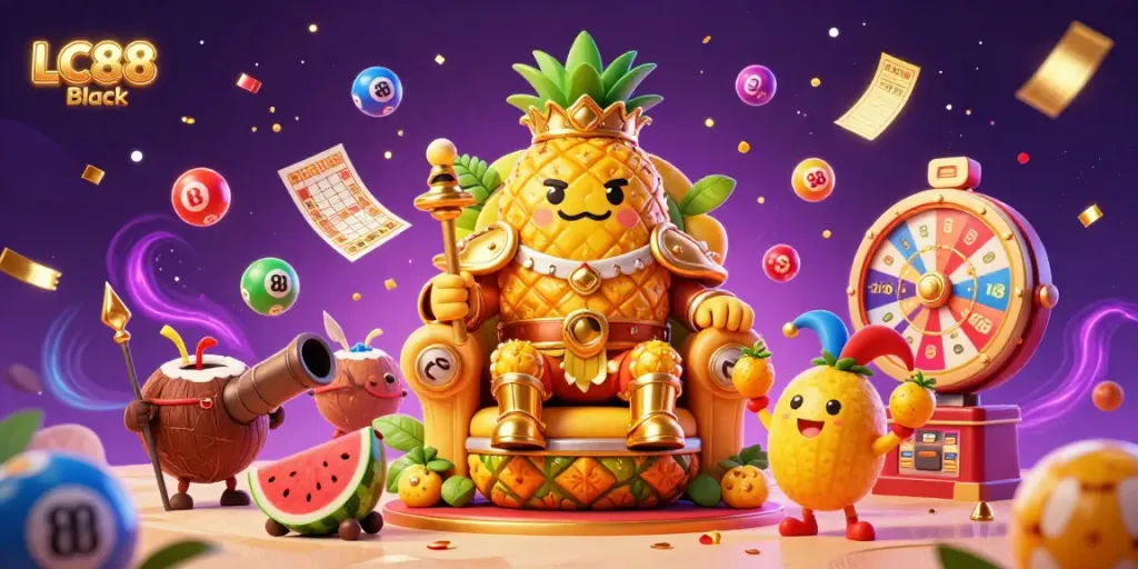 Experience exciting gameplay with LC88 Black as a golden pineapple king leads the fun in this vibrant casino scene.