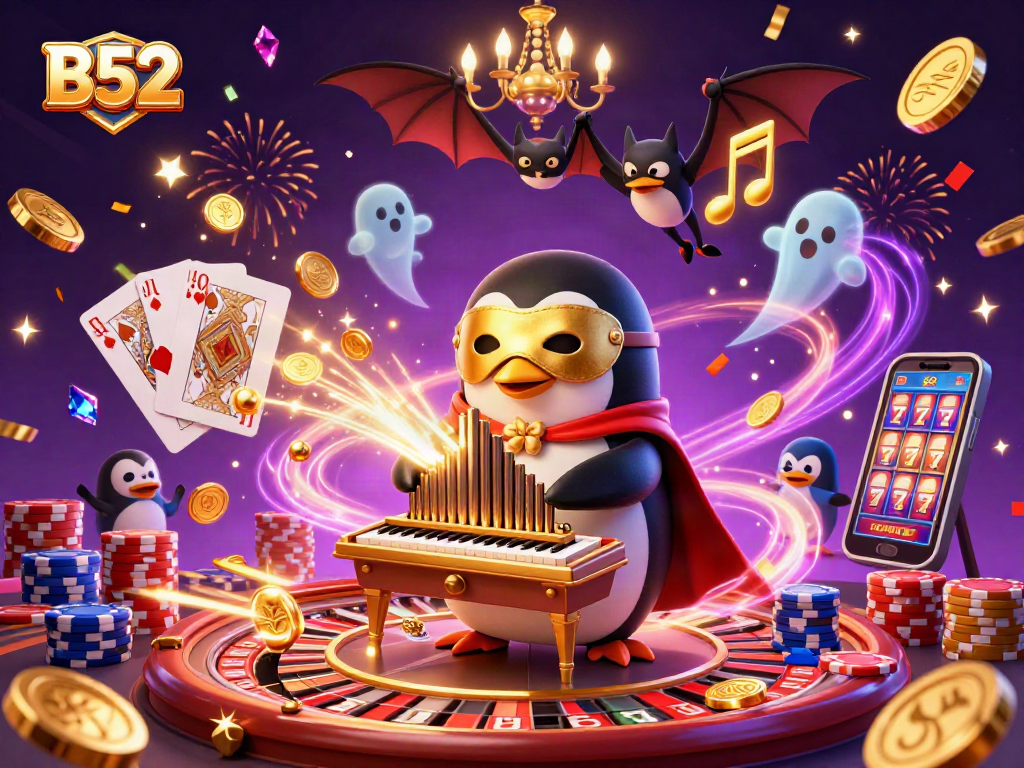 B52 casino scene with a phantom penguin playing an organ shooting coins, roulette wheel, and colorful poker chips.