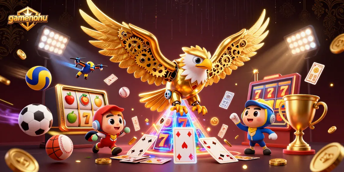 Engage with gamenohu's thrilling jackpot slots alongside a 3D cybernetic eagle in dynamic action.