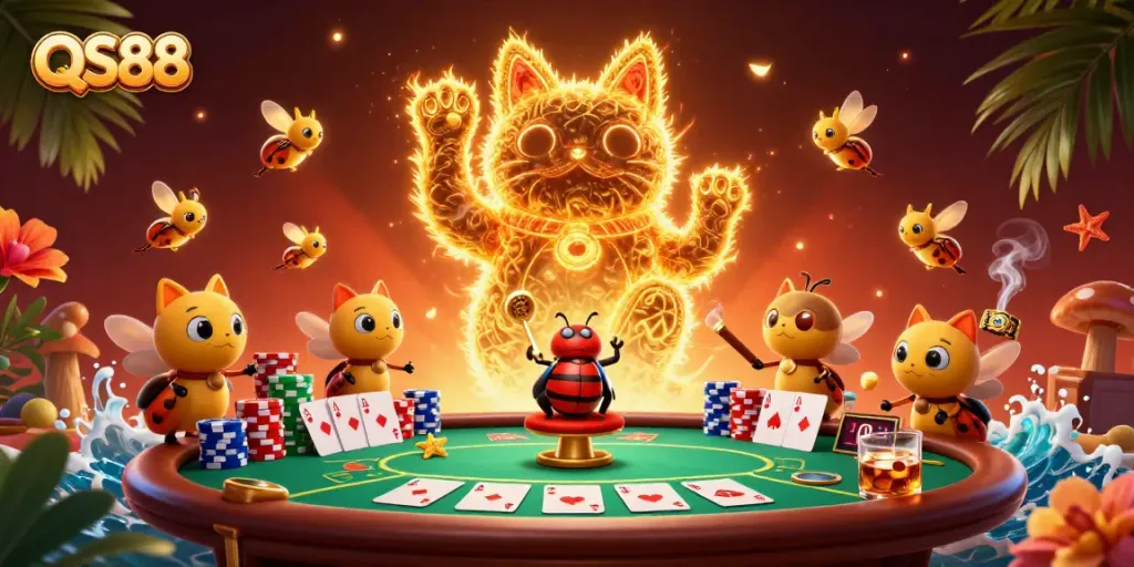 Experience the charm of QS88 with an enchanting lucky cat illustration, surrounded by vibrant casino elements.