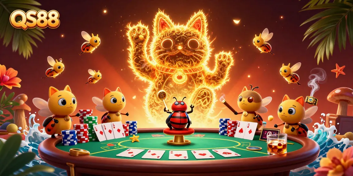 Experience the charm of QS88 with an enchanting lucky cat illustration, surrounded by vibrant casino elements.