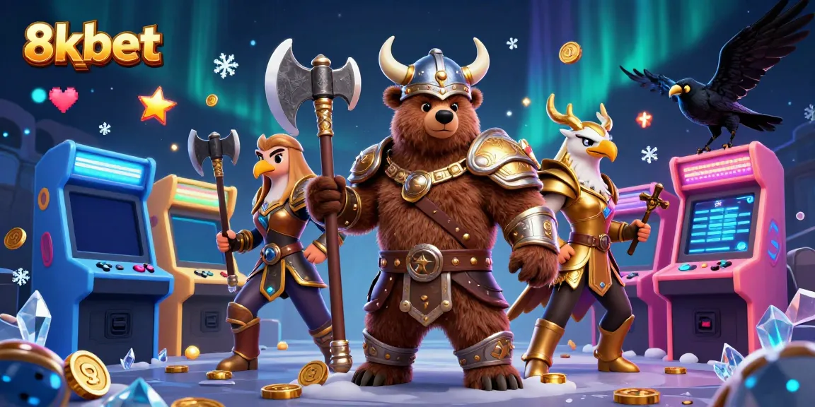 Engage with the exciting world of 8xbet through this vibrant 3D casino illustration of a Viking bear and Valkyrie.