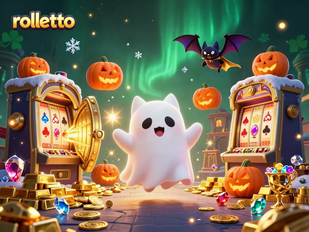 Play exciting casino games at Rolletto with a lively 3D illustration showcasing a ghost cat and a vampire bat.