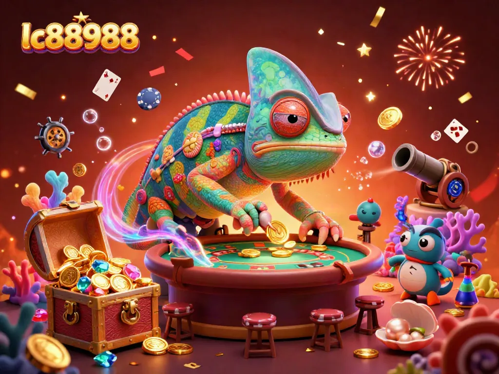 Engage in thrilling gaming with lc88988's dynamic casino scene featuring a chameleon owner, floating cards, and coral treasures.