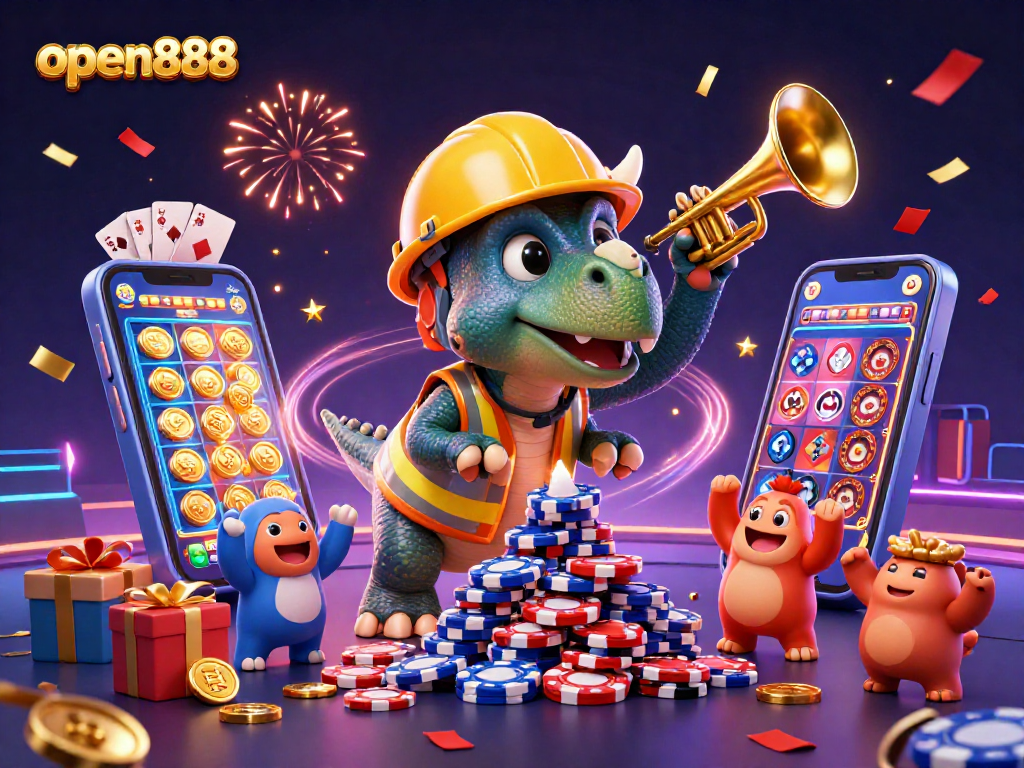 Experience the excitement of open888 with a colorful casino scene featuring dinosaurs and games!