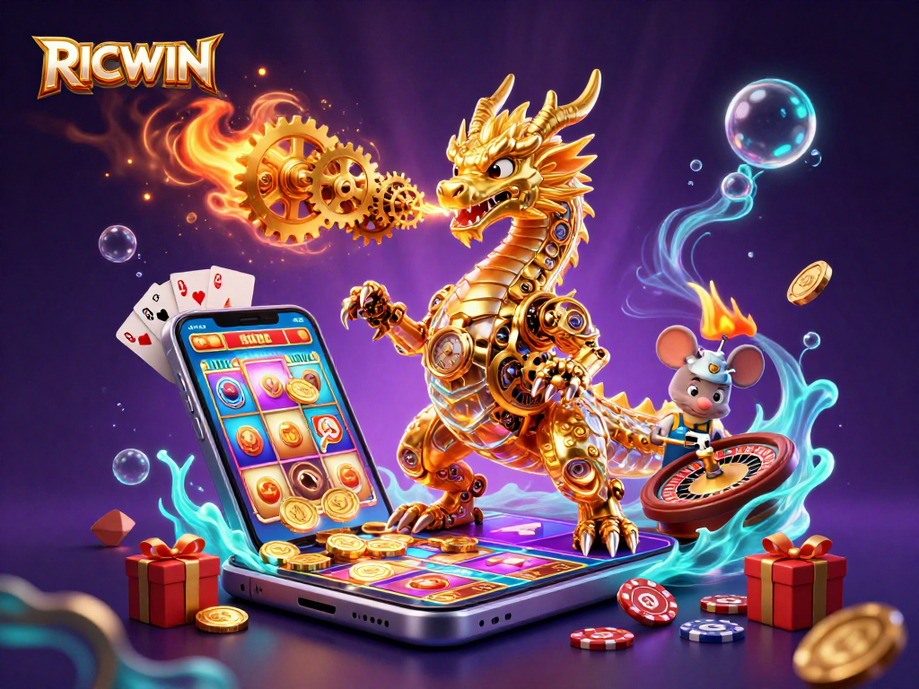 Experience RICWIN's vibrant gaming scene with a golden dragon and interactive slot games.