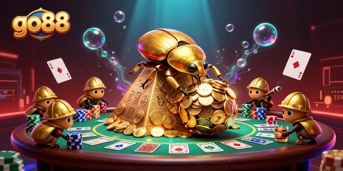 Engage with go88's exciting online casino experience showcasing golden beetles and dynamic poker elements.