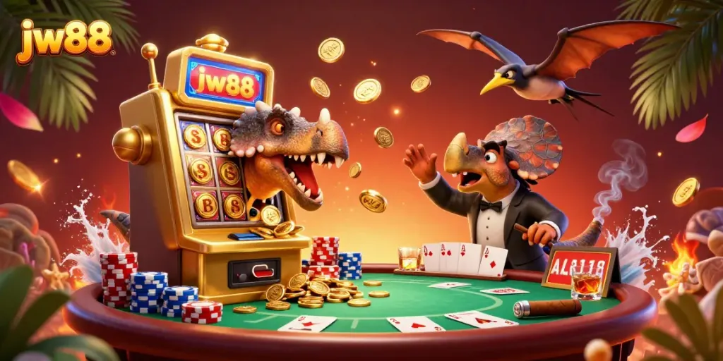 jw88 casino illustration with a dinosaur headbutting a slot machine for a jackpot.