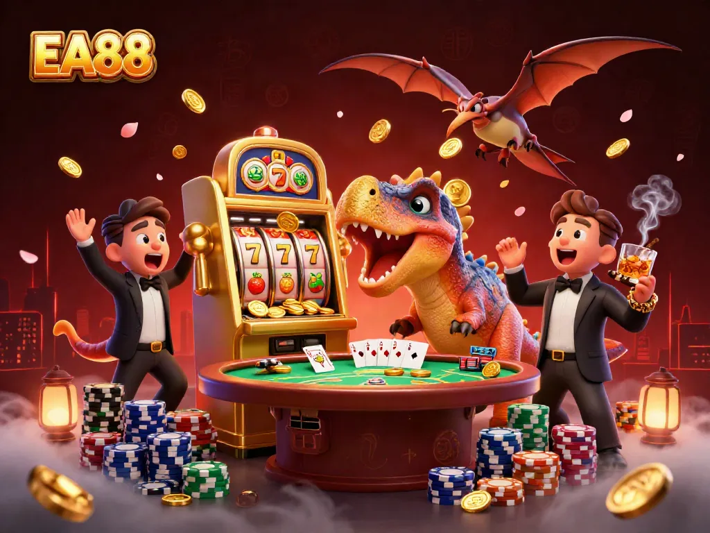 EA88 captures a thrilling jackpot moment with cartoon dinosaurs in an engaging casino scene.