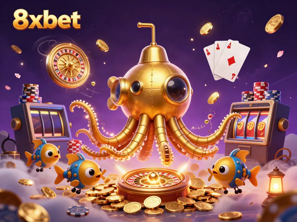 Engage in excitement with 8xbet's dynamic casino experience featuring a golden kraken and casino elements.