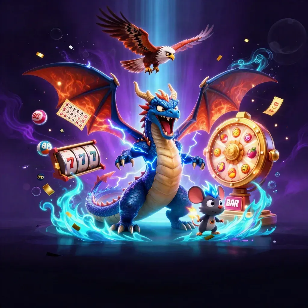Thunder dragon, wind hawk and lightning mouse burst through casino lights and treasure