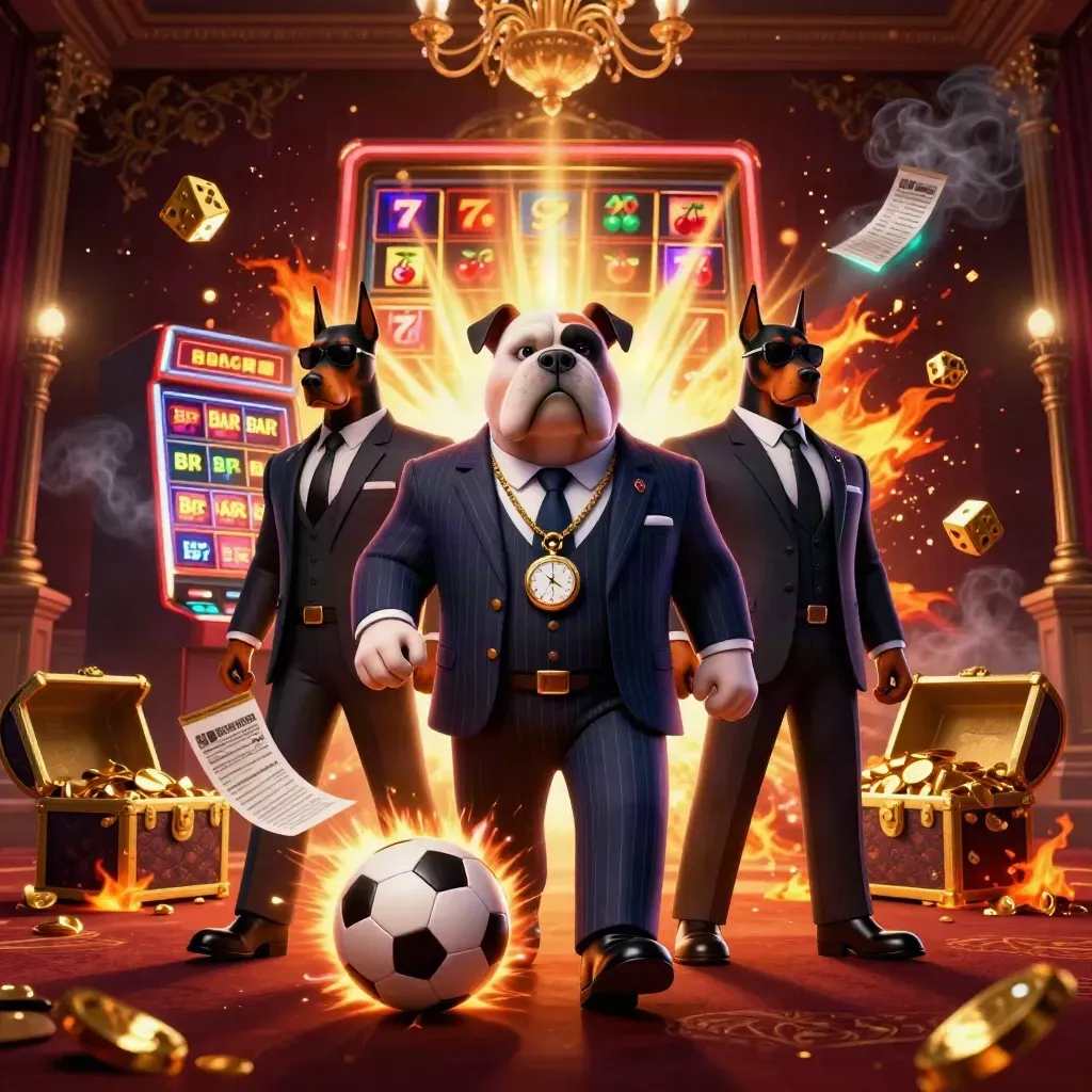 Bulldog boss and Doberman bodyguards amid slot jackpots, gold, sports balls, and dramatic casino lighting.