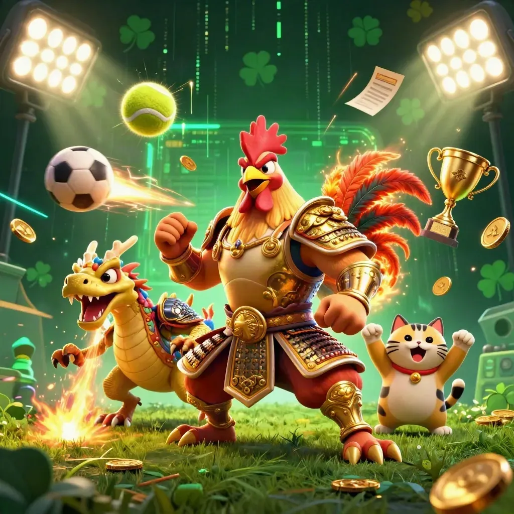Armored rooster, dragon hatchling, and fortune cat amid flying sports balls and casino lights.