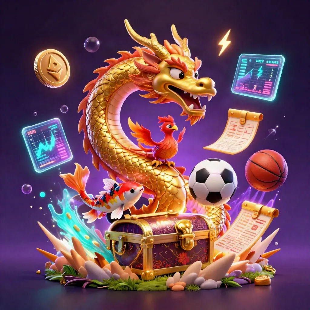 Golden dragon with phoenix and koi amid casino coins, balls, neon light, and energy bursts.