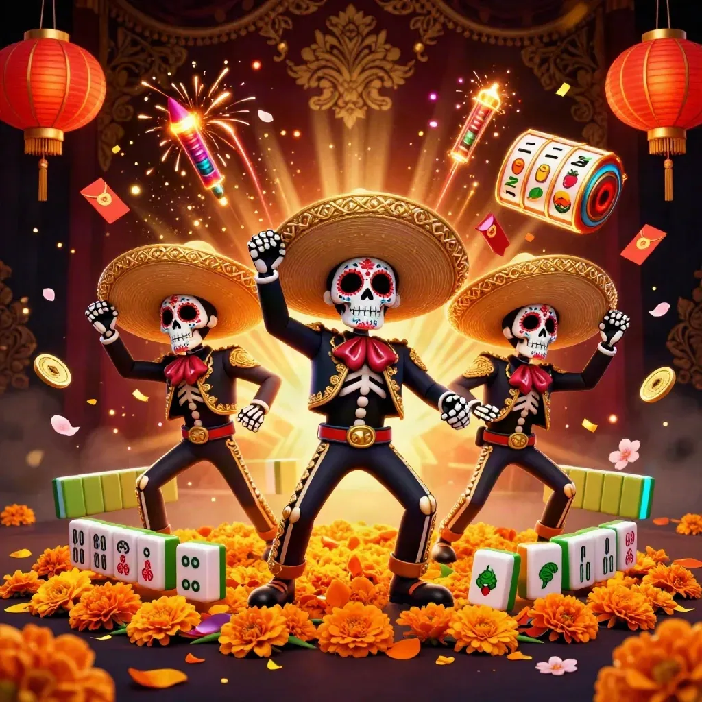 Skeleton mariachi trio amid casino symbols, gold petals and ember-lit neon glow.